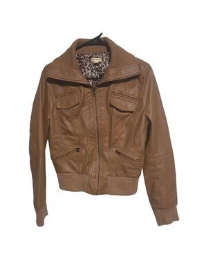 Zenana Y2K Faux Leather Bomber Jacket Size Small Tan Leopard Lining Retro Coat
